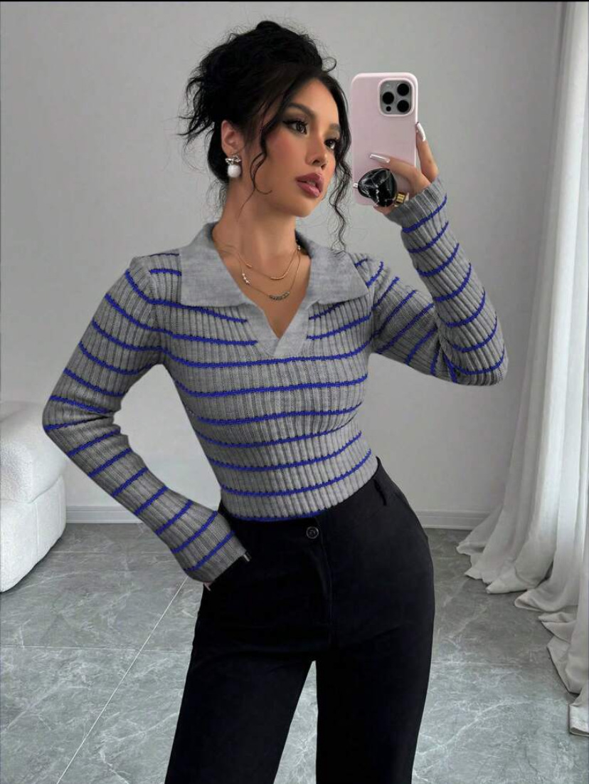 Striped Long Sleeve T-shirt Slim Fit Base Knitting Women - Image 5