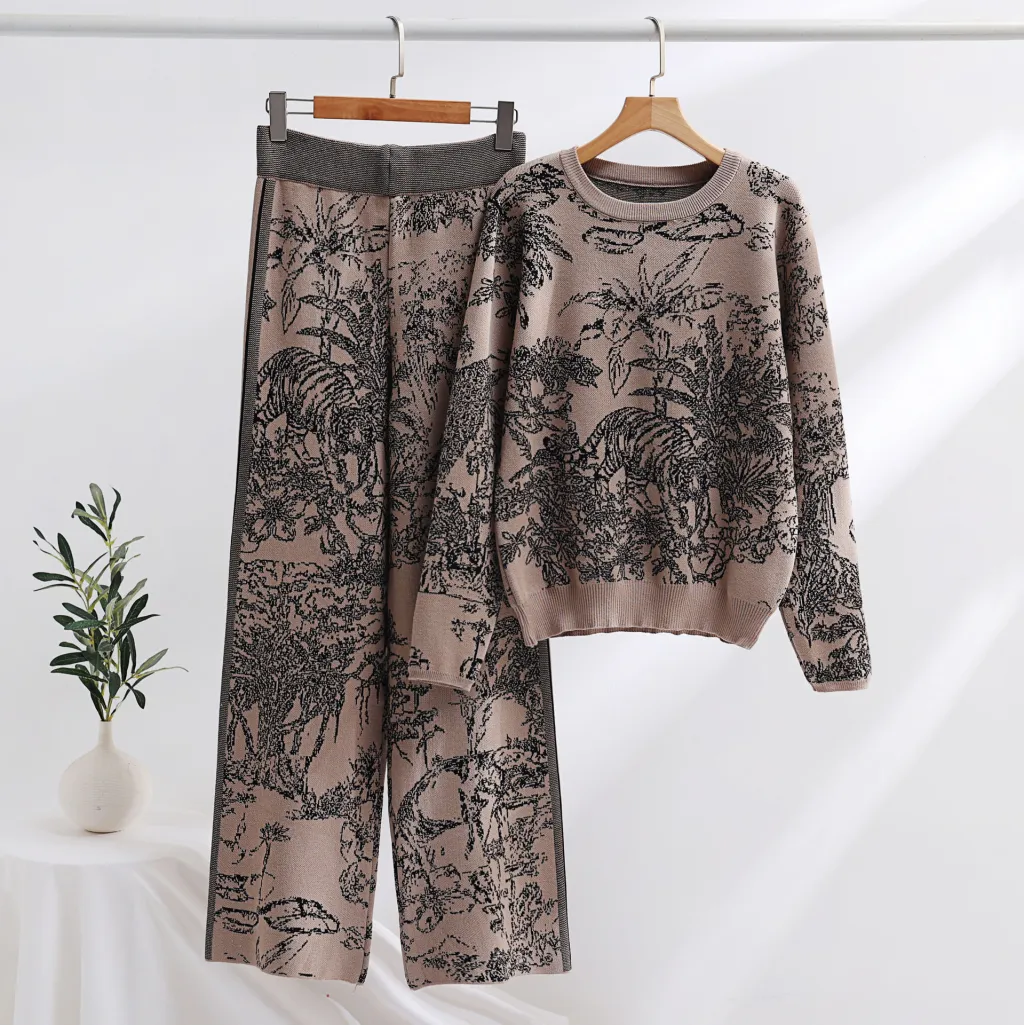 Knitting Patterns Two-piece Set Pullover Long Sleeve Sweater High Waist Wide Leg Top Suit - Khaki