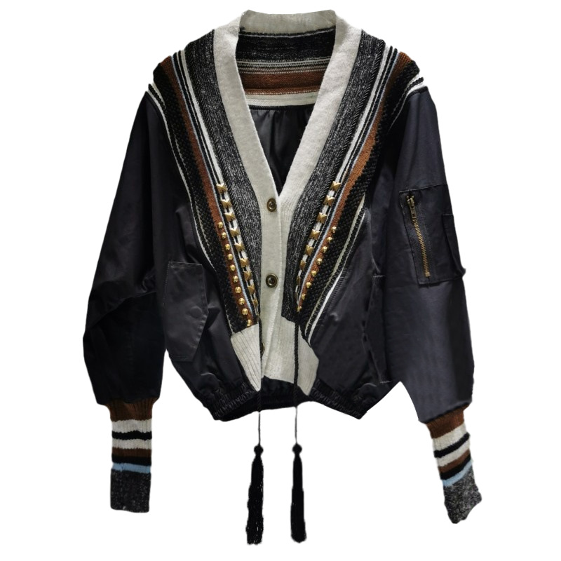 New Color Contrast Patchwork Decorative Rivets Baseball Uniform Baggy Coat