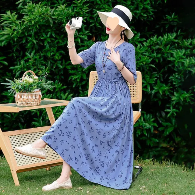 Dress Slimming Waist tight Floral Overknee Dress Loose Summer Dress Blue - Shop at LoveMi