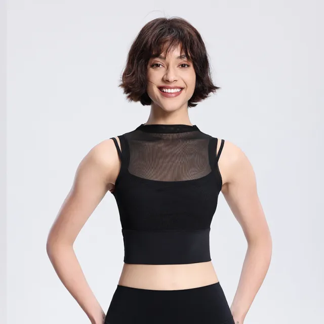 Women's Fake Two piece Mesh Breathable Top With Chest Pad Black - Shop at LoveMi