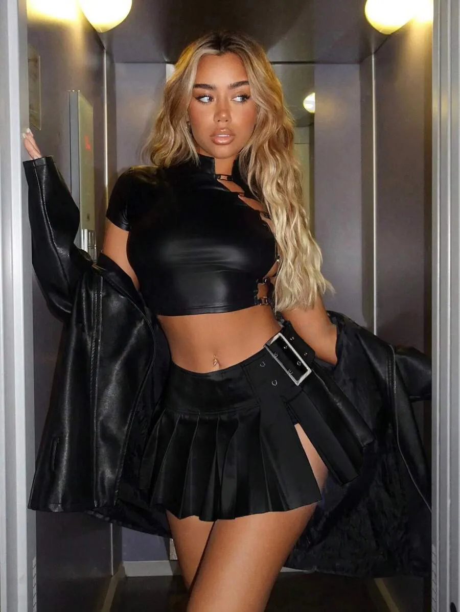 Solid Color A- Line Pleated Leather Sexy Skirt - Black
