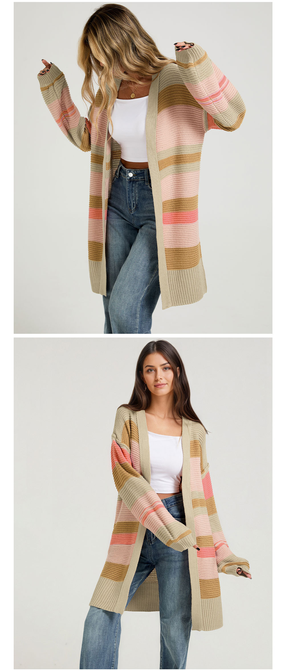 Color-block striped knit cardigan coat styling — women's fall outerwear