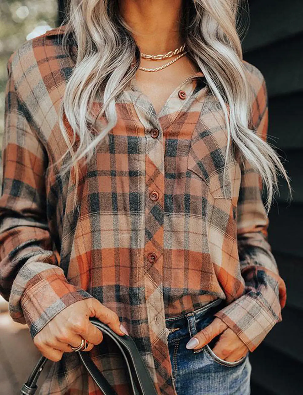 Women's Plaid Long-sleeved Shirt - Style 1-Xxxl