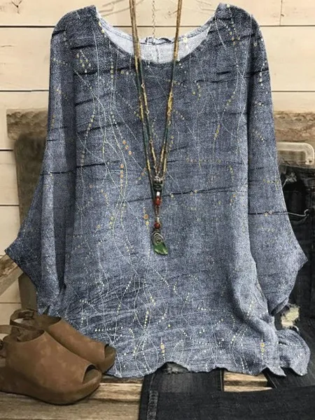 Women's Loose Solid Color Printing Round Neck Long Sleeve Gray - Shop at LoveMi