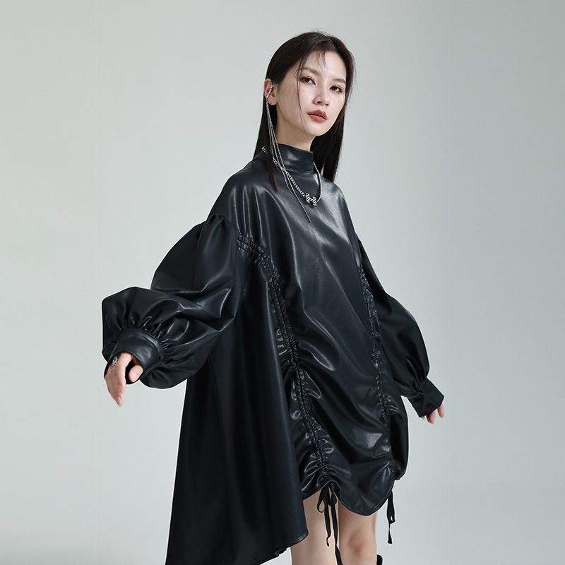 Design Irregular Drawstring Stand Collar Cloak Dress