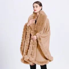 Fur Collar Shawl Cape Knitted Cardigan Baggy Coat - Light Camel - View 1