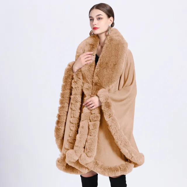 Fur Collar Shawl Cape Knitted Cardigan Baggy Coat Light Camel - Shop at LoveMi