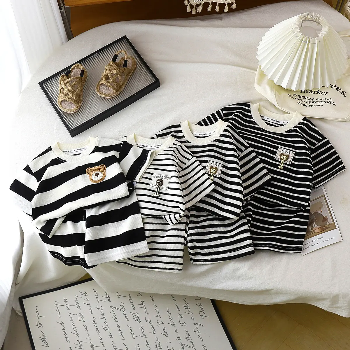 Children's Short-sleeve Set Black And White Striped