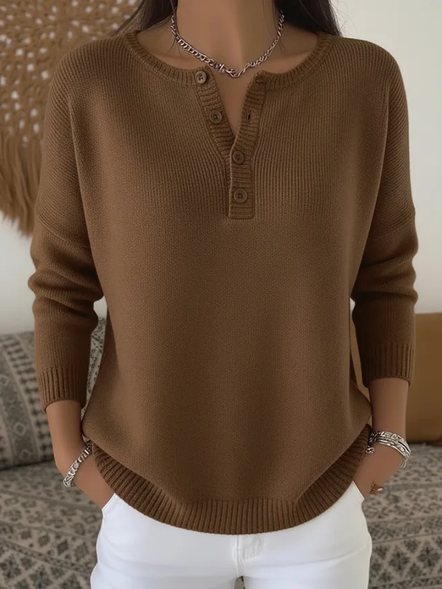 Woolen Button V Neck Women's Sweater Dark Brown - Shop at LoveMi