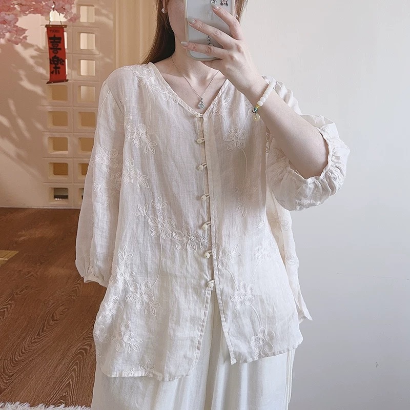 Womens New Chinese-Style Heavy Embroidery V-Neck Cotton-Linen ShirtCardigan