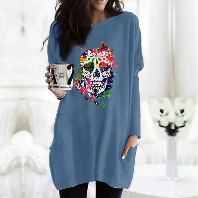 Women's Fashionable Colorful Skull Printed Long sleeved T shirt 3 Style - Shop at LoveMi