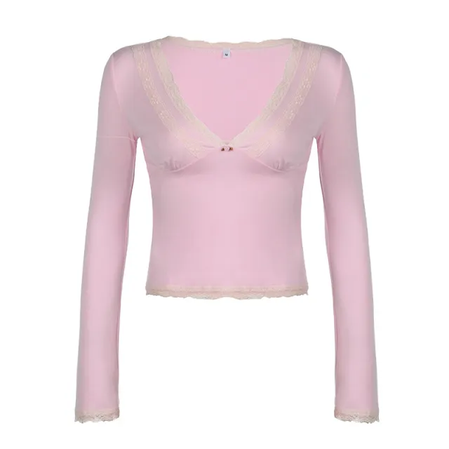 Lace Short Long Sleeve Top Women Pink - Shop at LoveMi