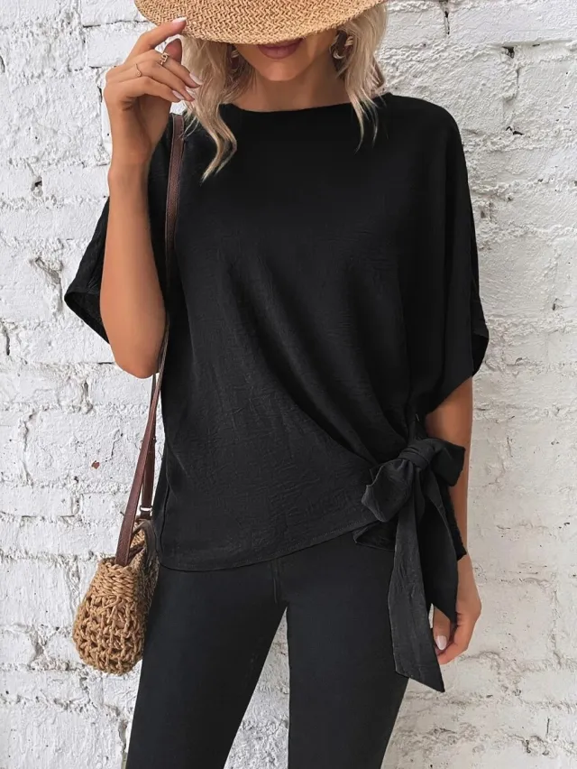 Women's Solid Color Batwing Sleeve Loose Top Black - Shop at LoveMi