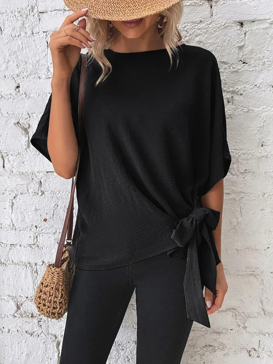 Women's Solid Color Batwing Sleeve Loose Top - Black