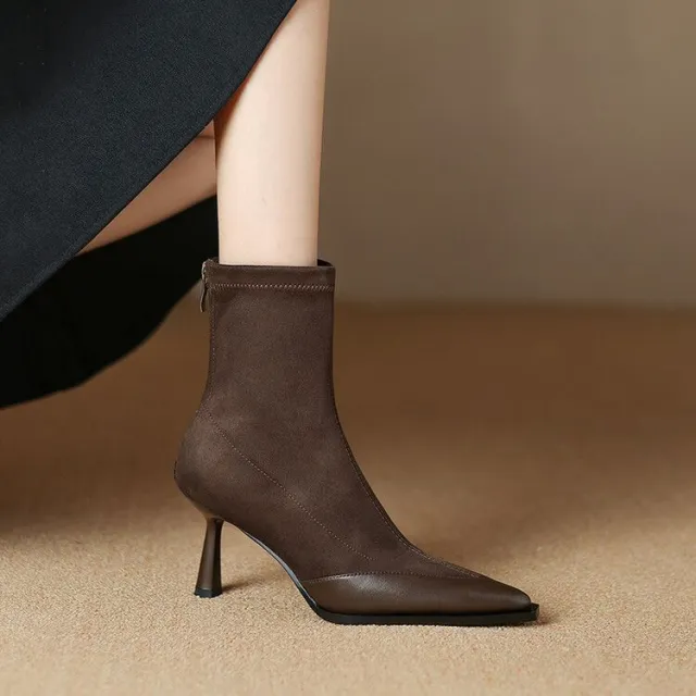 Elastic Pointed Mid heel Ankle Boots For Women Brown - Shop at LoveMi