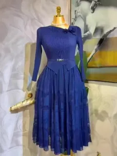 Fashion Pleated Solid Color Plus Size Dress - Dark Blue - View 1