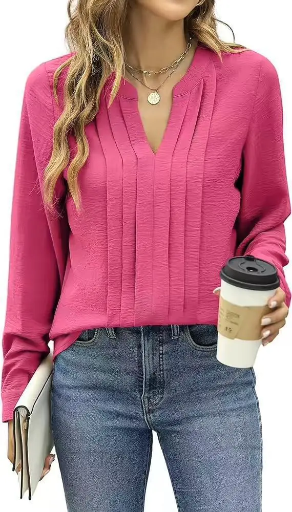 Temperament Commute Long Sleeve Solid Color Sweet Top Women's V neck Design Peach Color - Shop at LoveMi