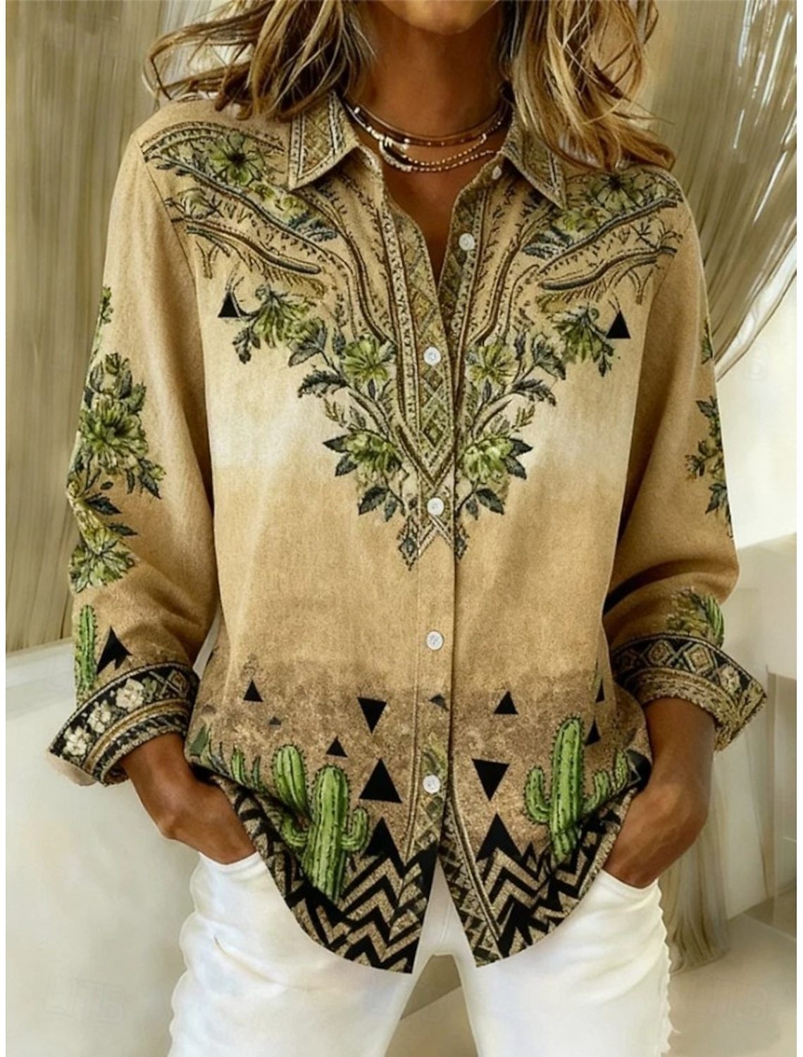 Loose-Fitting Long-Sleeve Lapel-Neck Printed Shirt 26 13c1ea18 df91 4a95 bfa3 1239b44ac892