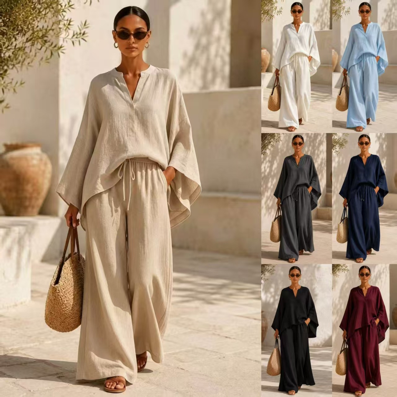 Womens Casual Relaxed-Fit Loose V-Neck Solid-Color Shirt Set