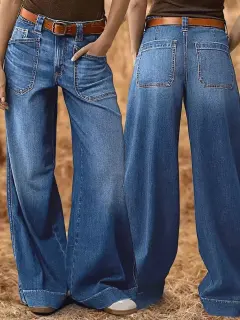 Loose Slimming Ladies Wide-leg Straight Pants Denim Ankle-length Pants - Blue - View 1