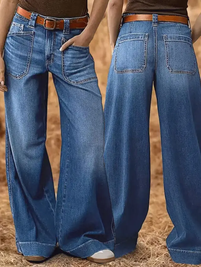 Loose Slimming Ladies Wide leg Straight Pants Denim Ankle length Pants Blue - Shop at LoveMi