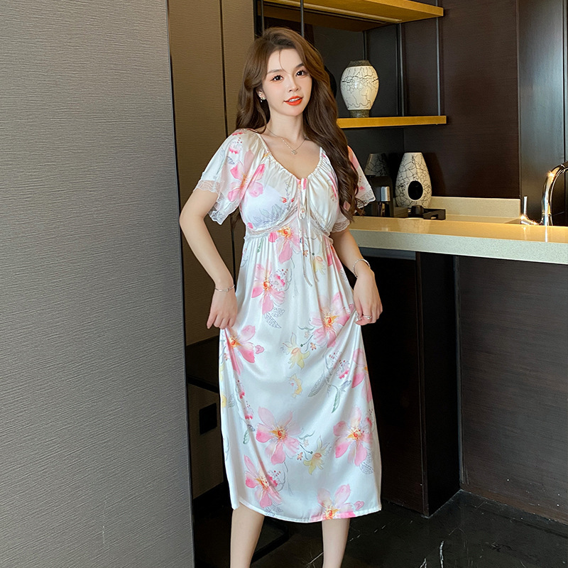 Yanruo Peach Blossom Nightdress Summer Bow Ribbon Home Wear Hollow Out Yanruo Peach Blossom Xl - Shop at LoveMi