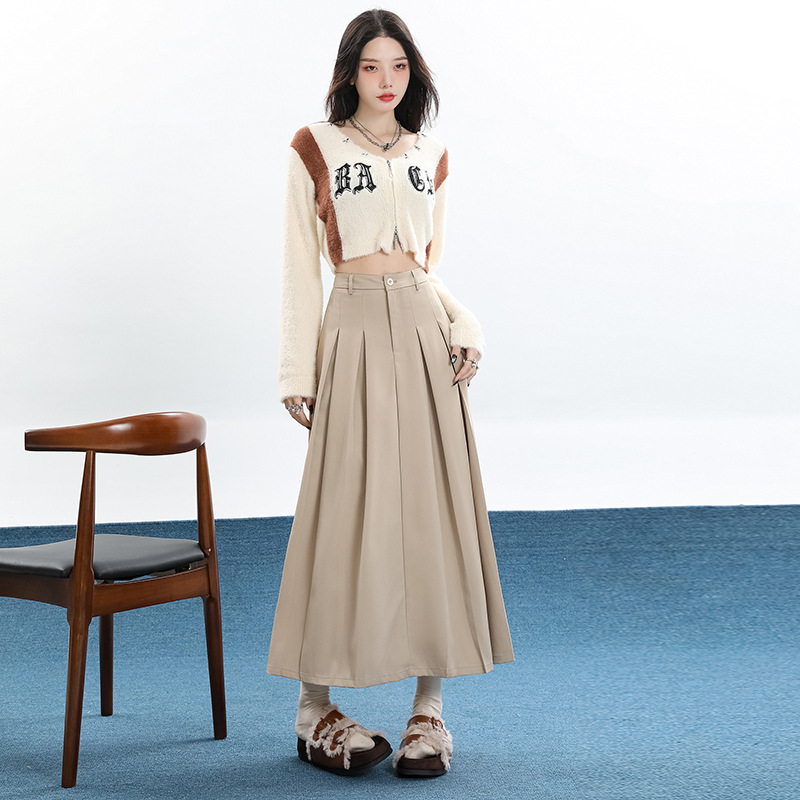 Khaki High-waisted Midi Pleated Skirt Womens Skirt