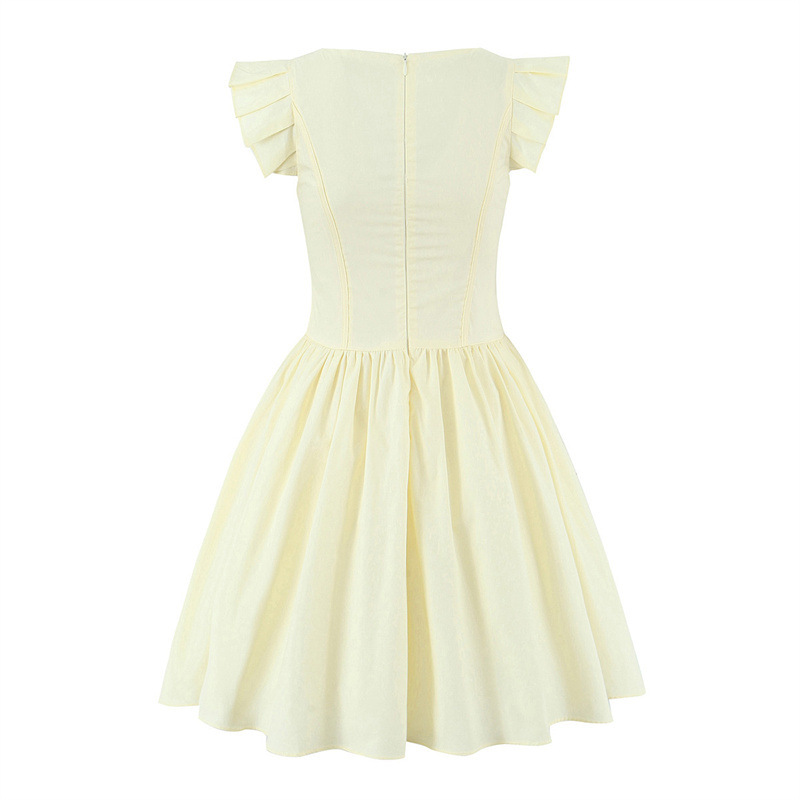 Sweet Lemon Yellow White Flying Sleeves Fishbone Embroidery Mini Dress