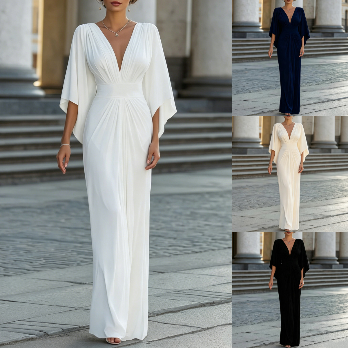 Womens French-style V-neck Waist-cinching Dress