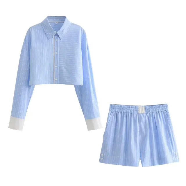 Autumn New Contrast Color Striped Short Shirt Shorts Suit Blue Striped Suit - Shop at LoveMi