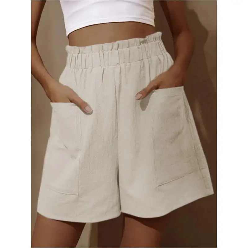 Solid-color High-waist Shorts Womens Wide-leg Pants