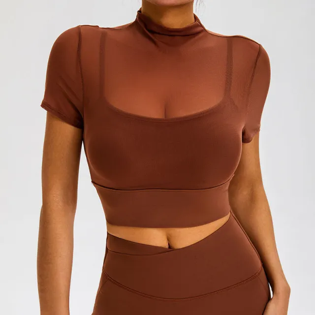 With Chest Pad One piece Cup Temperament Sexy Sports Turtleneck Grenadine Chestnut - Shop at LoveMi
