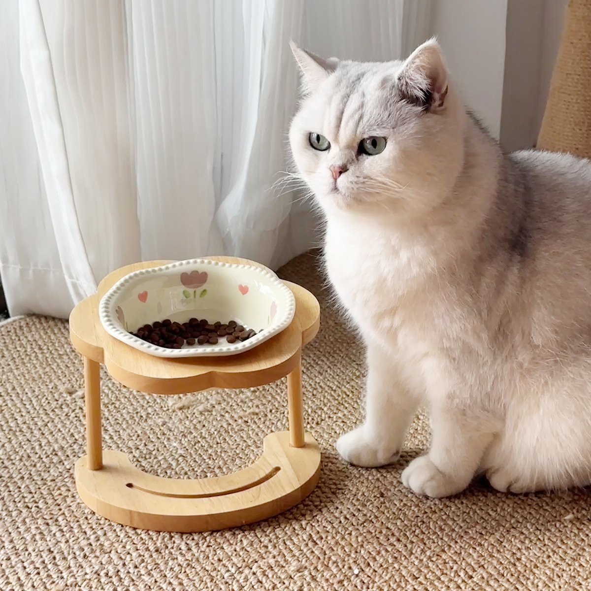 Ceramic Elevated Wooden Stand Pet Bowl Tip-resistant