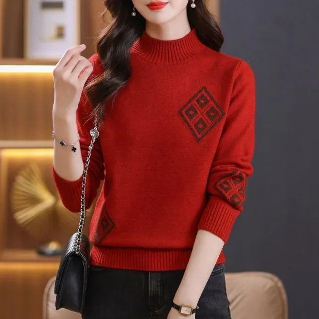Winter Mock Neck Sweater Women's Western Style Top Plaid Colorblock Knitted Red - Shop at LoveMi