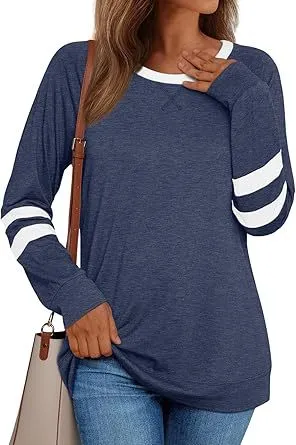 Women's Long-sleeved Shirt Casual Round Neck Multicolor Top - Blue
