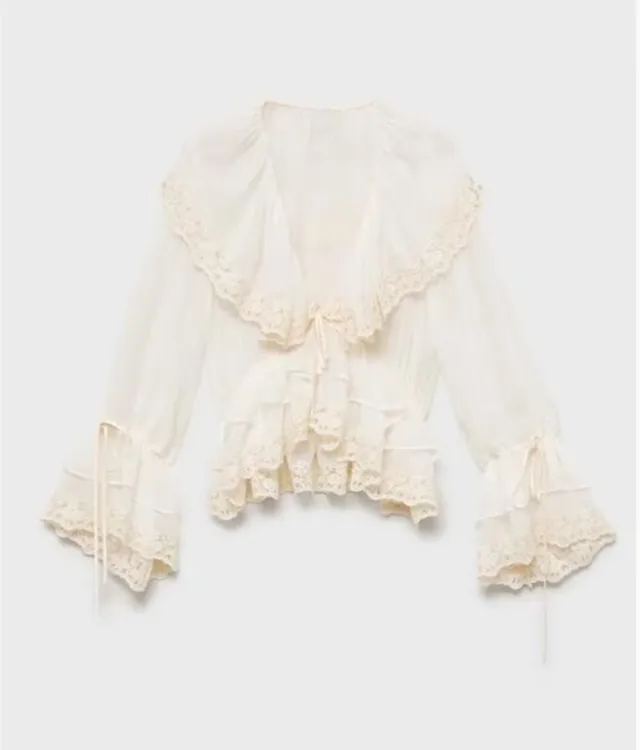 Sweet Beauty Summer Ruffles Lace Stitching Large Lapel Short Waist Apricot - Shop at LoveMi