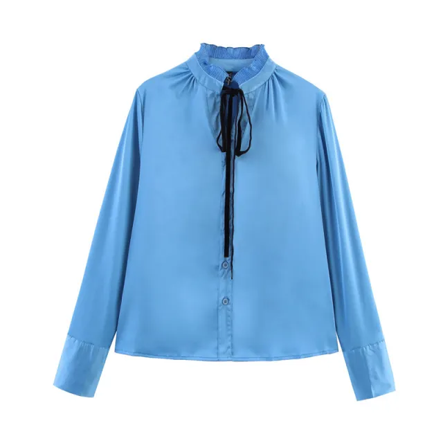 Satin Chiffon Flounce Trim Lace Up Long Sleeve Shirt Blue - Shop at LoveMi