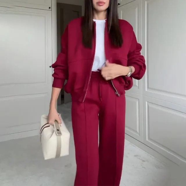 Round Neck Fashion Simple Elegant Sweater Coat Plus Casual Straight Pants Red - Shop at LoveMi