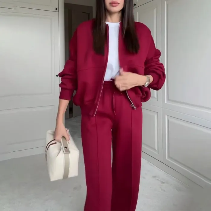 Round Neck Fashion Simple Elegant Sweater Coat Plus Casual Straight Pants - Red