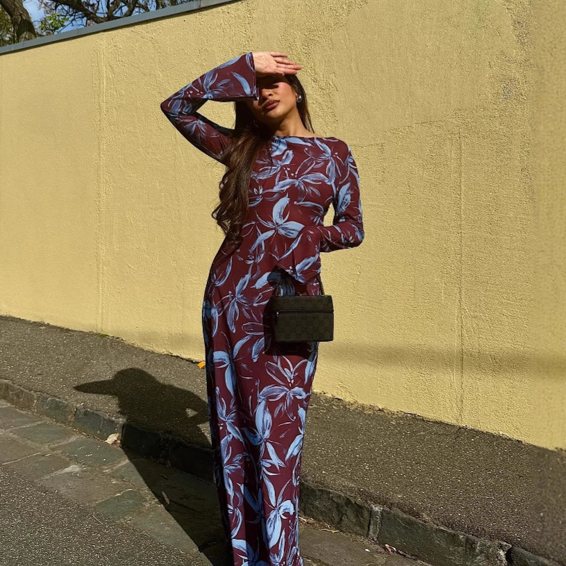 Women's New Fashion Casual Vacation Style Long Sleeve Printed Slim Fit European And American Dress Reddish Brown - Shop at LoveMi