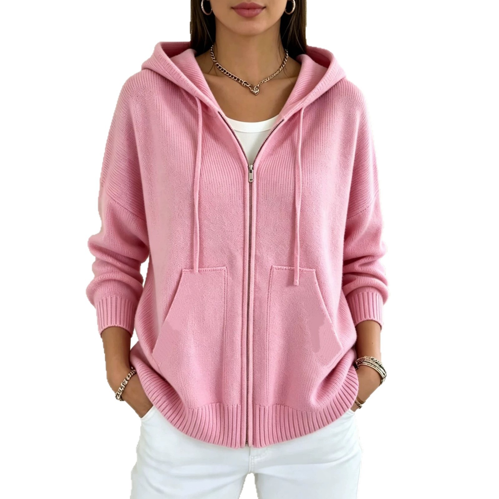 Solid-color Hooded Zip-up Loose-fit Knit Cardigan For Women