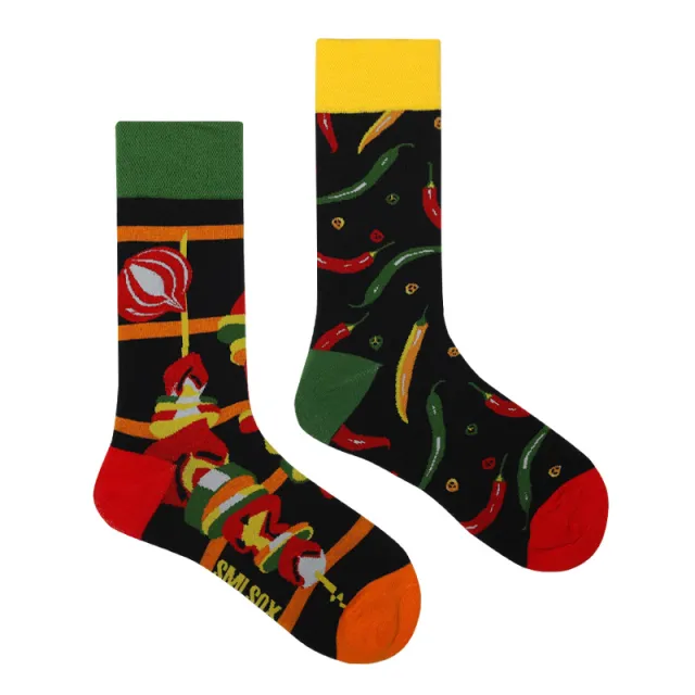 Men's And Women's Asymmetric AB Cartoon Food Illustration Trend Unmatched Color Socks Chili Barbecue - Shop at LoveMi