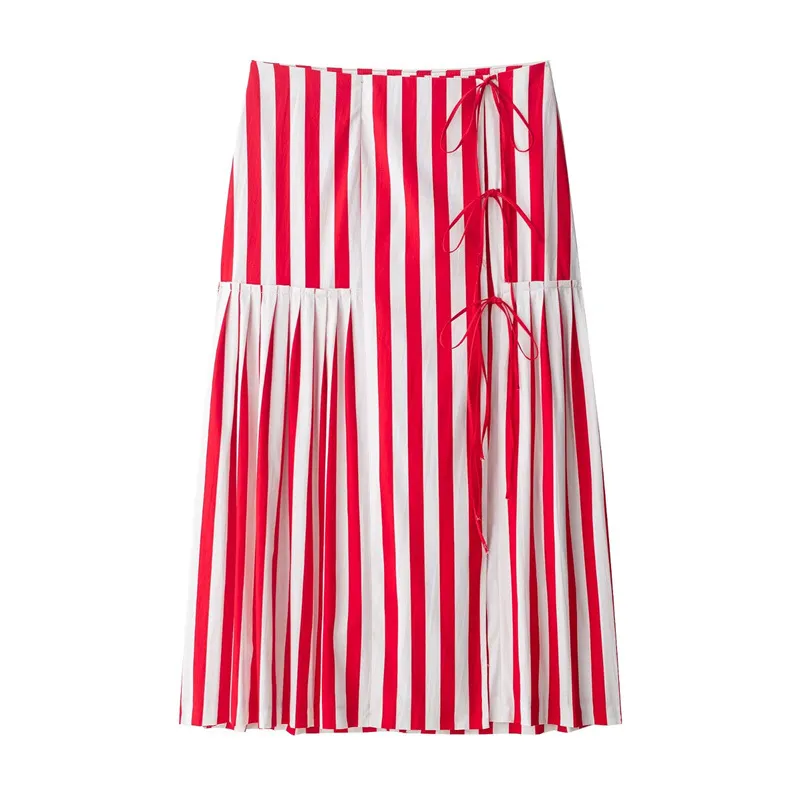 Fashion Striped Lace-up Half-length Midi Dress - Picture Color-Xs