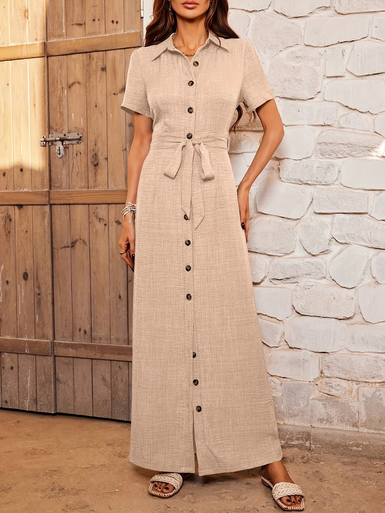 Women's Lapel Dress Cardigan Button Belt Decorated Dress Apricot - Shop at LoveMi