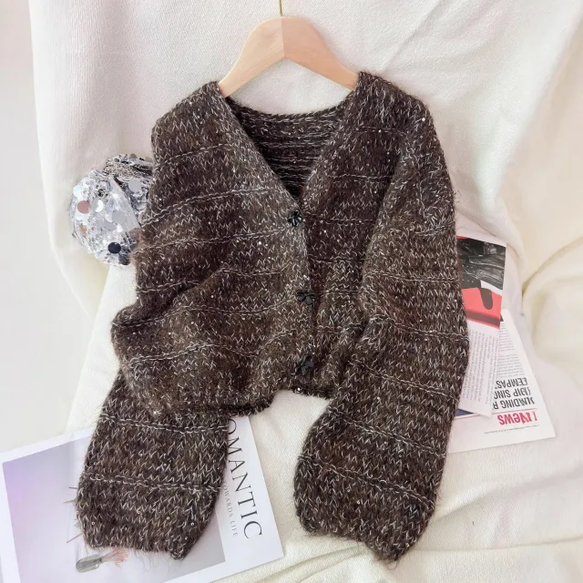 Women's Solid Color Short Casual Loose Knit Cardigan Brown - Shop at LoveMi