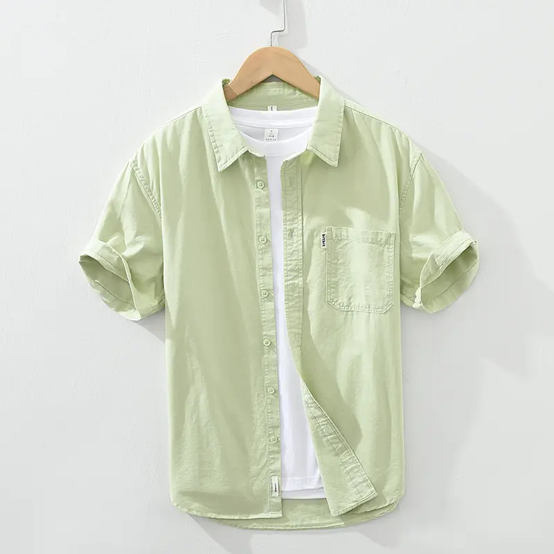Mens Cotton Casual Short-sleeve Solid-color Shirt