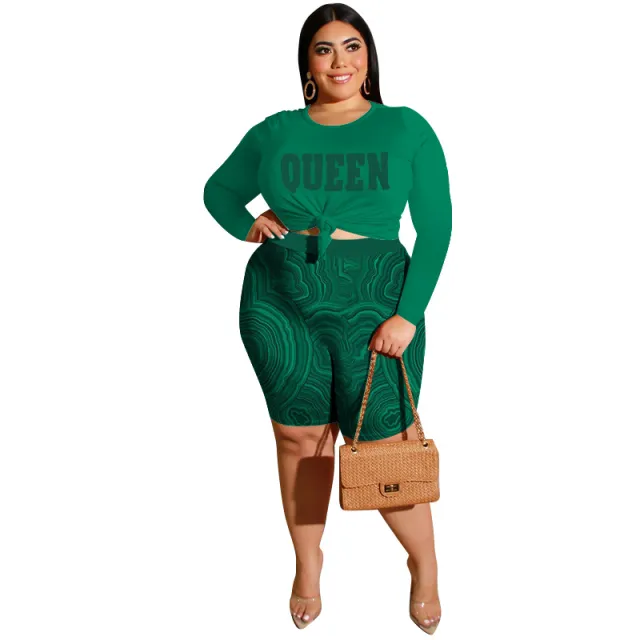 Women's Fashionable Casual Two Piece Set Printed Top And Shorts Green Corrugation - Shop at LoveMi