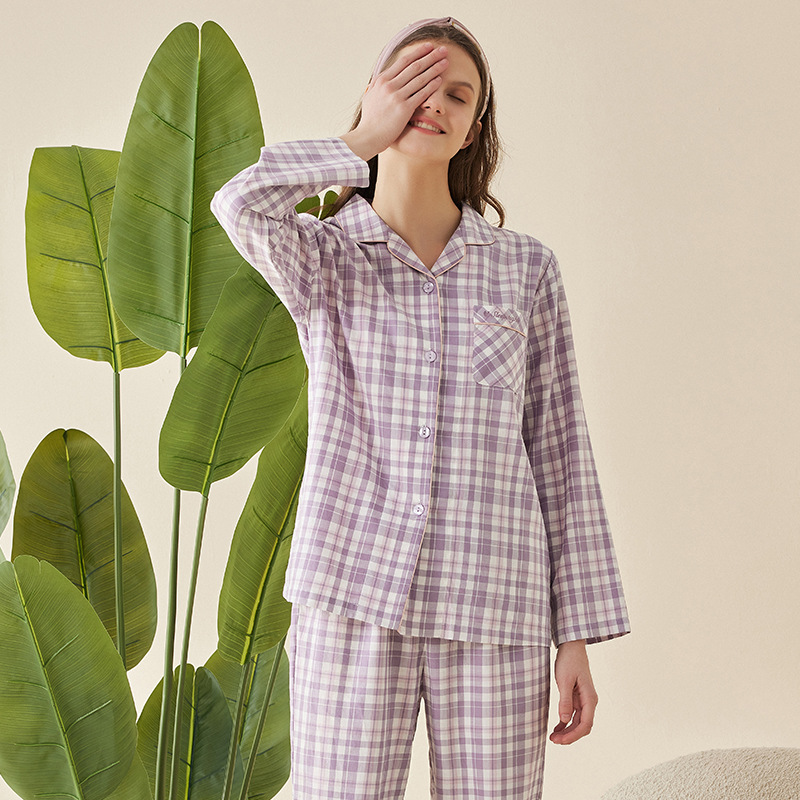 Simple Japanese Style Cotton Plaid Long Sleeve Couple Home Wear