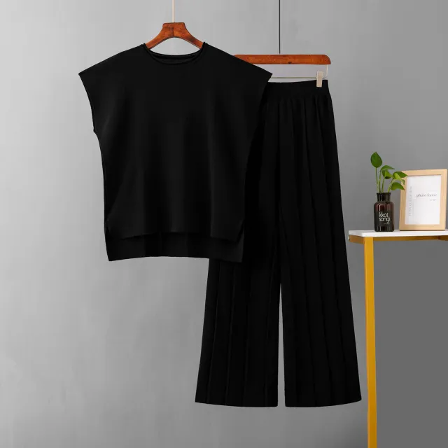 Sleeveless Vest Knit Wide leg Pants Plus size Ice Silk Set Black - Shop at LoveMi
